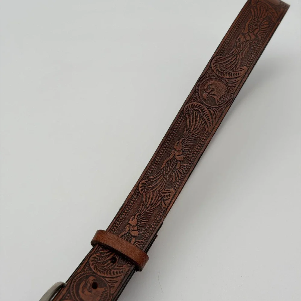 Vintage Western Brown Tooled Leather Belt Eagle Phoenix Embossed Silver Buckle